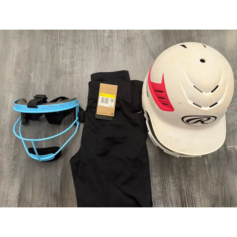 Medium Rawlings Batting Helmet/ Rip It Fielding Mask/ Nike Pants (Used)