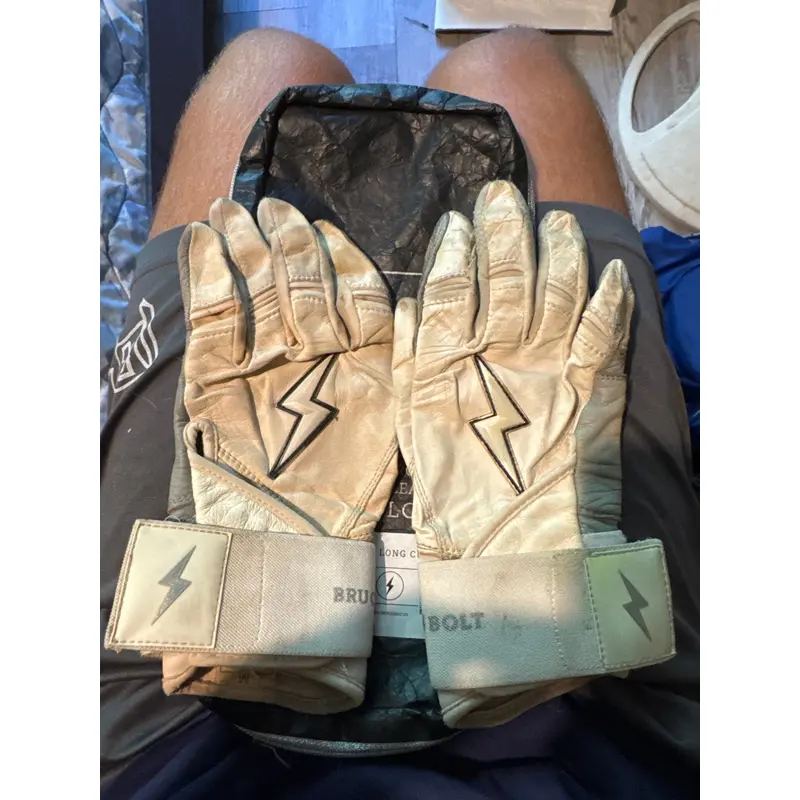 Bruce bolt long cuff white and silver batting gloves