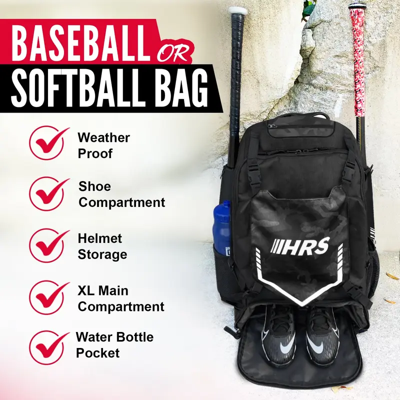 Baseball or Softball Black Camo Bat Bag Backpack - holds up to 4 bats