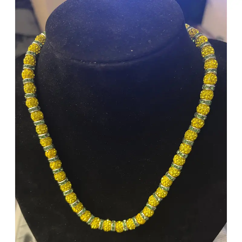MLB type rhinestone necklace- Yellow rhinestone beads with green rhinestone spacers