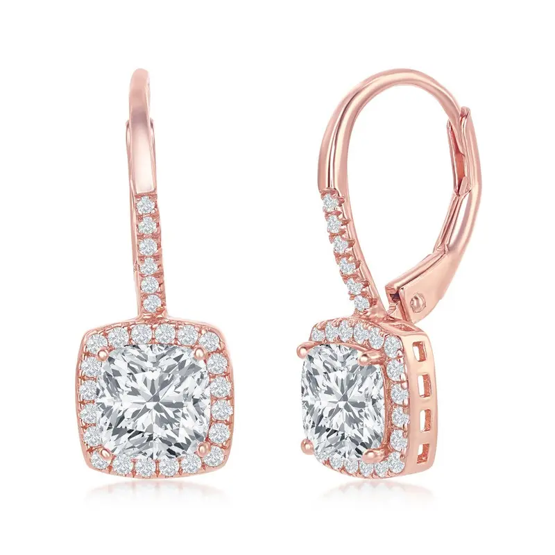 Sterling Silver, Cushion-Cut CZ with CZ Border Dangling Earrings - Rose Gold Plated
