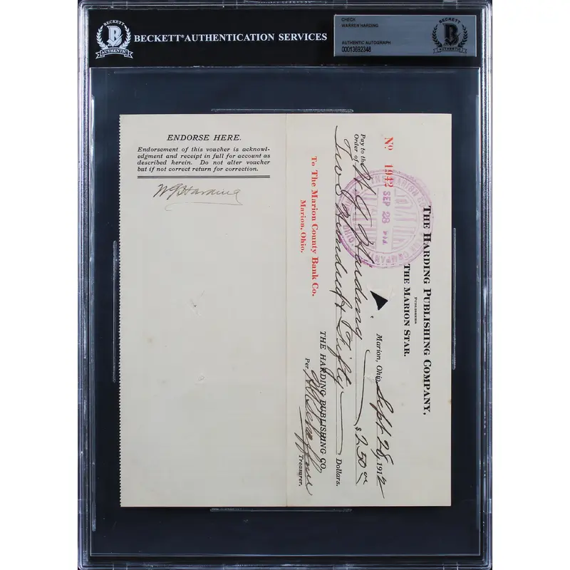 Warren G. Harding Signed 7x8.25 Check Dated September 28, 1912 BAS Slabbed