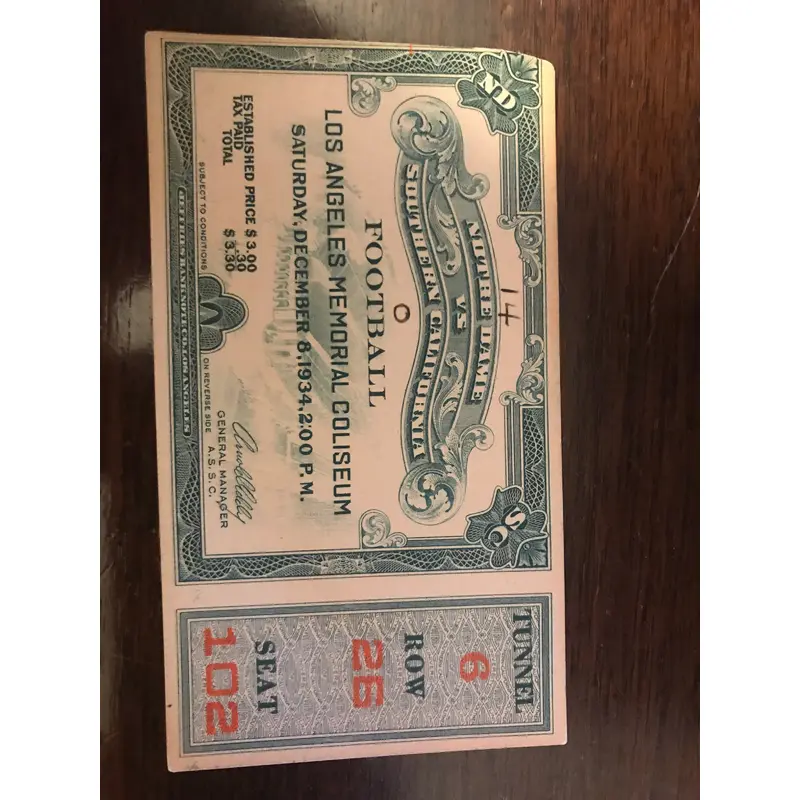 1934 Notre Dame vs USC Football Ticket Stub