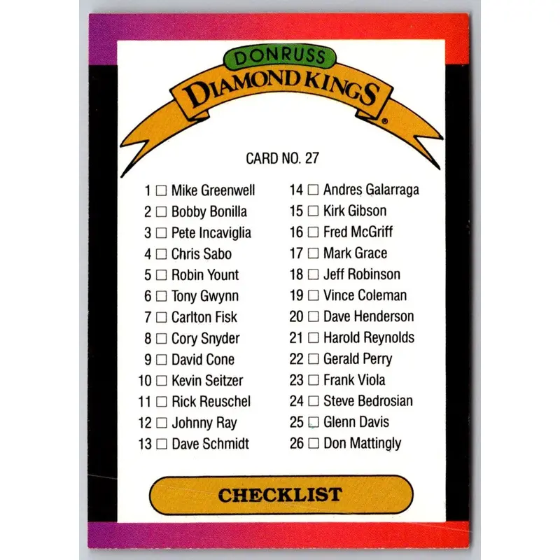 1989 Donruss Diamond Kings Checklist 1-26 #27