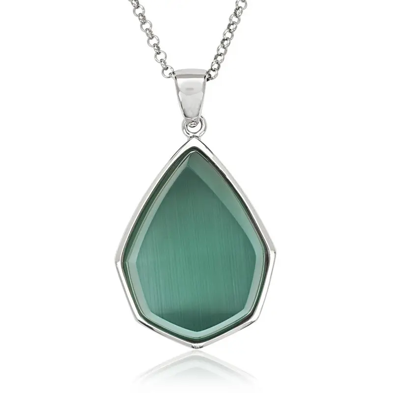 Sterling Silver King Green Cat?s Eye Teardrop Necklace