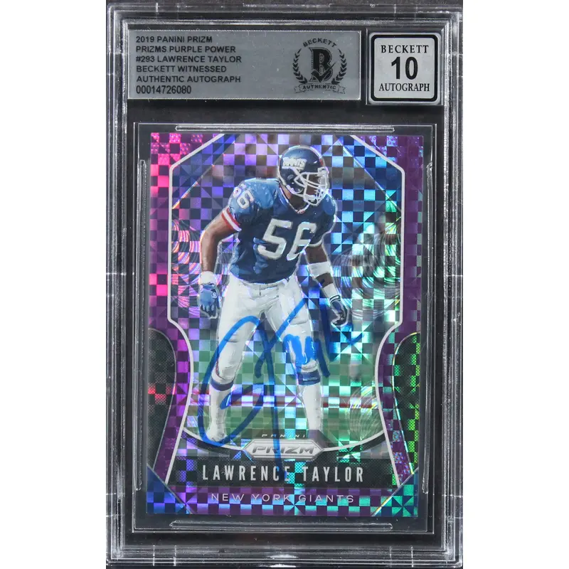 Lawrence Taylor Signed 2019 Panini Prizm Purple Power #293 Card Auto 10 BAS Slab