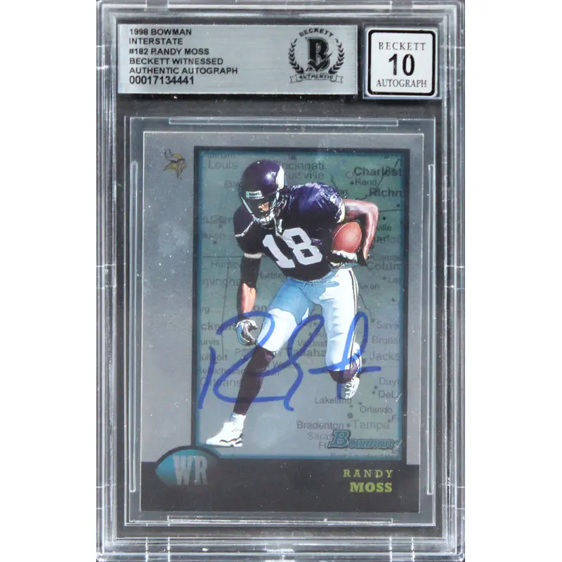Vikings Randy Moss Signed 1998 Bowman Interstate #182 RC Card Auto 10! BAS Slab