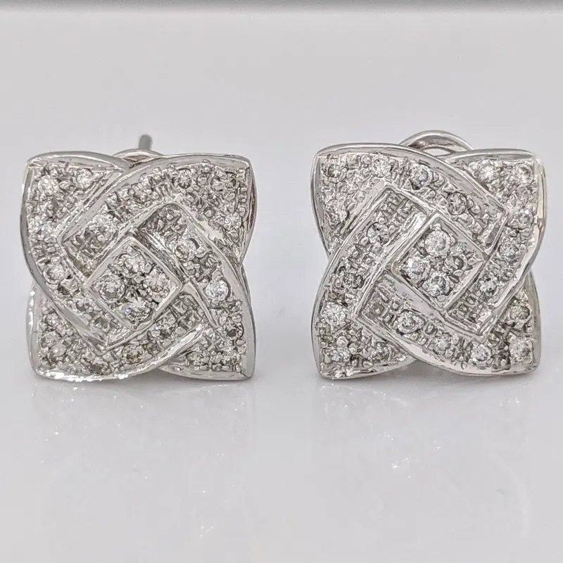 14K WHITE DIAMOND ROUND MULTI-ENCRUSTED SQUARE SWIRL ESTATE EARRINGS 5.6 GRAMS