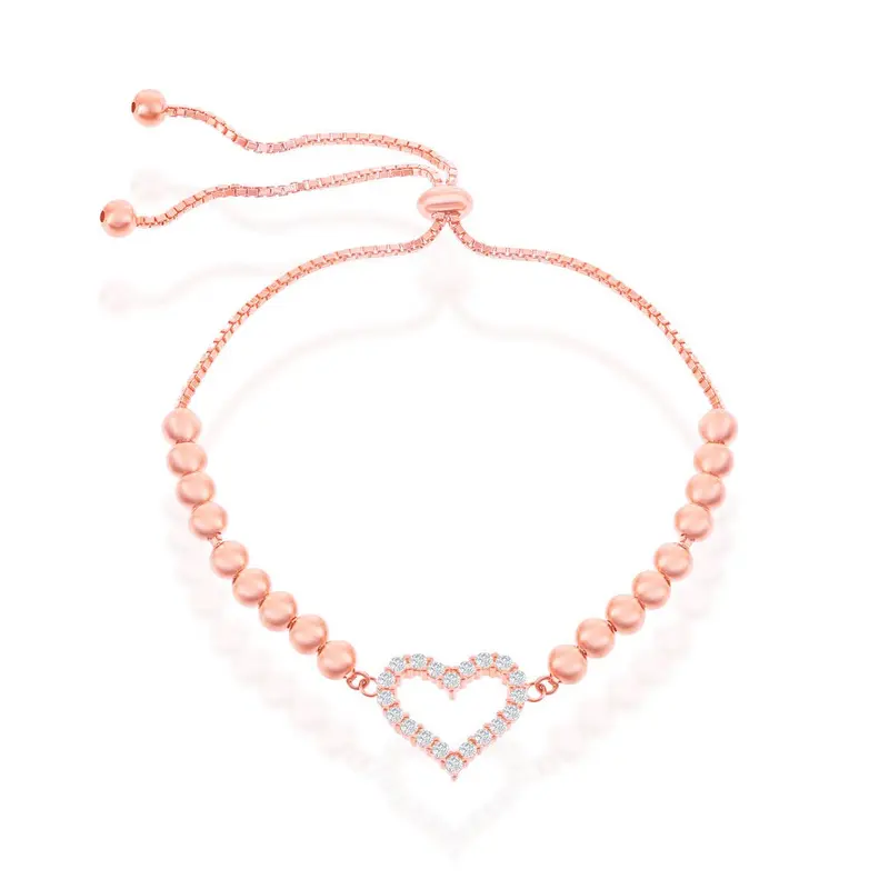 Sterling Silver, CZ Heart Beaded Adjustable Bolo Bracelet - Rose Gold Plated