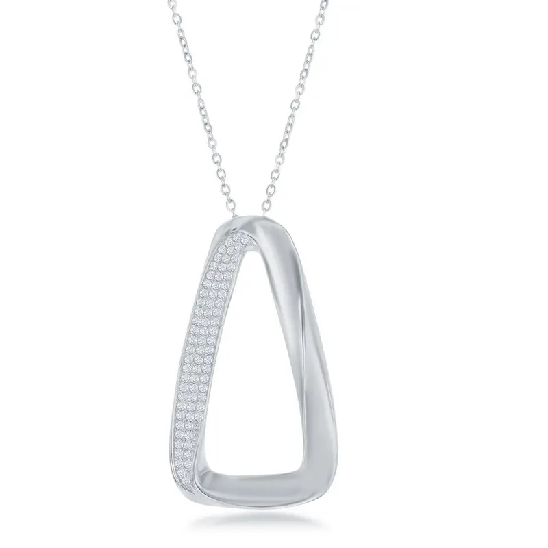 Sterling Silver Half Micro Pave Twisted Triangle Design Necklace