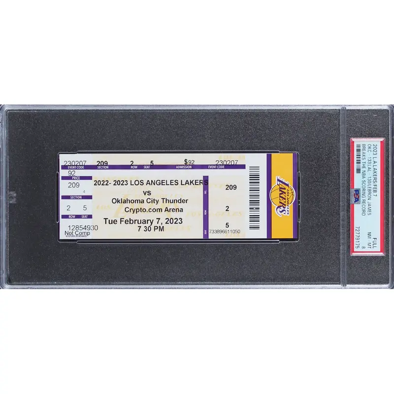 Cavaliers LeBron James 2/7/23 LAL vs OKC Full Ticket Graded NM-MT 8 PSA Slabbed