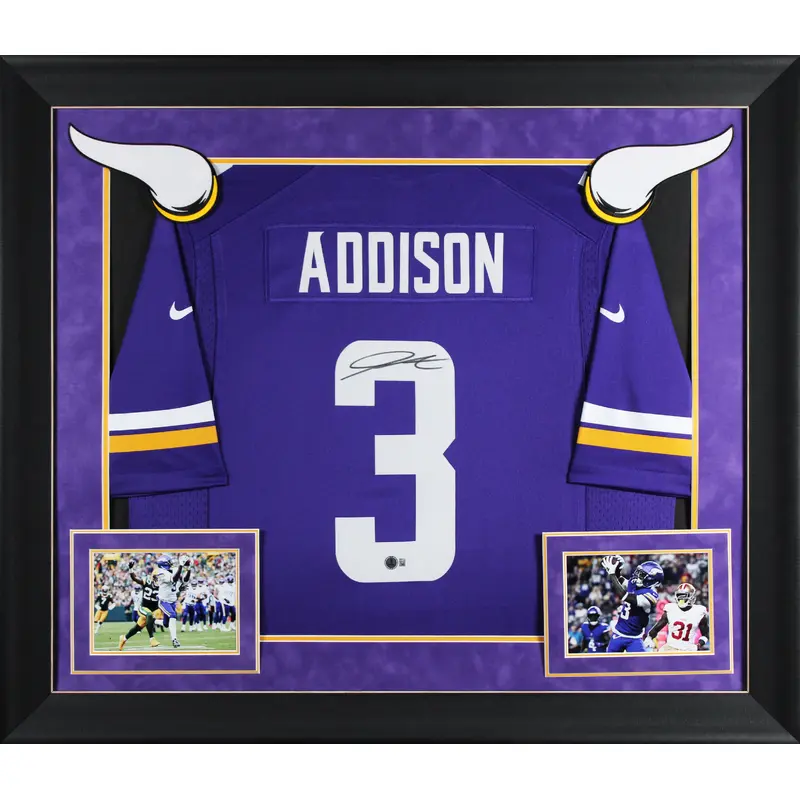 Vikings Jordan Addison Signed Purple Nike Limited Framed Jersey BAS Witnessed