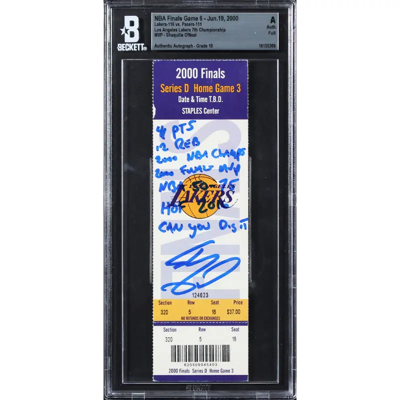 Shaquille O'Neal 8x Insc Signed 2000 NBA Finals Game 6 Ticket Auto 10 BAS Slab 1