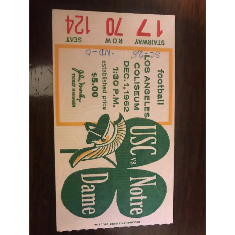 1962 Notre Dame vs USC Football Ticket Stub
