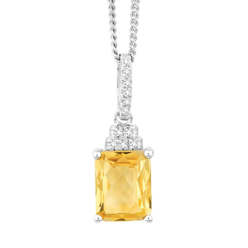 Sterling Silver 3.24 ct Octagon Citrine with .165 ct White Topaz Necklace