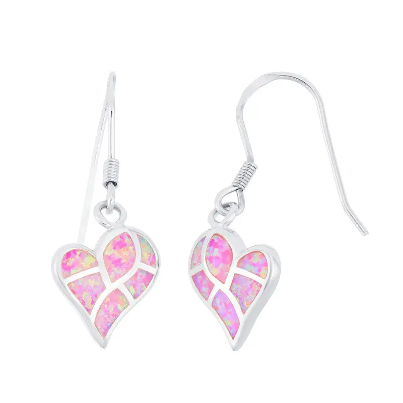 Sterling Silver, Pink Inlay Opal Heart Mosaic Style Earrings