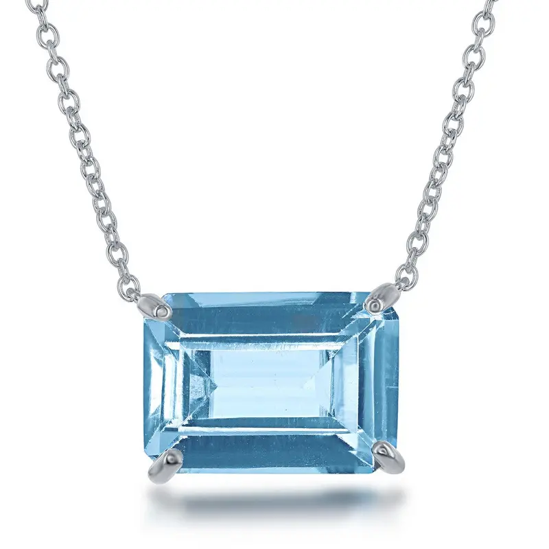 Sterling Silver Rectangle Prong Set Gem Necklace -  Blue Topaz