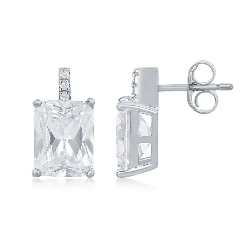 Sterling Silver Rectangle Cushion-Cut CZ Stud Earrings
