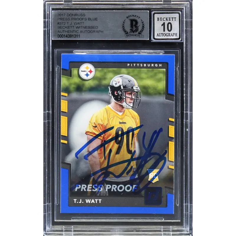 T.J. Watt Signed 2017 Donruss Press Proofs Blue #372 RC Card Auto 10 BAS Slabbed