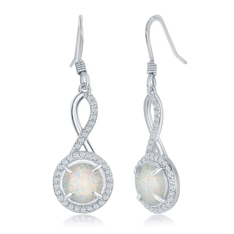Sterling Silver Infinity Design Round White Opal with CZ Halo Earrings