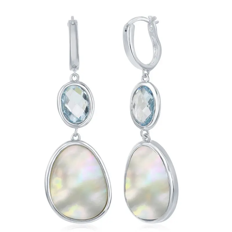 Sterling Silver Oval Blue Topaz and Irregular Design Mother of Pearl Earrings