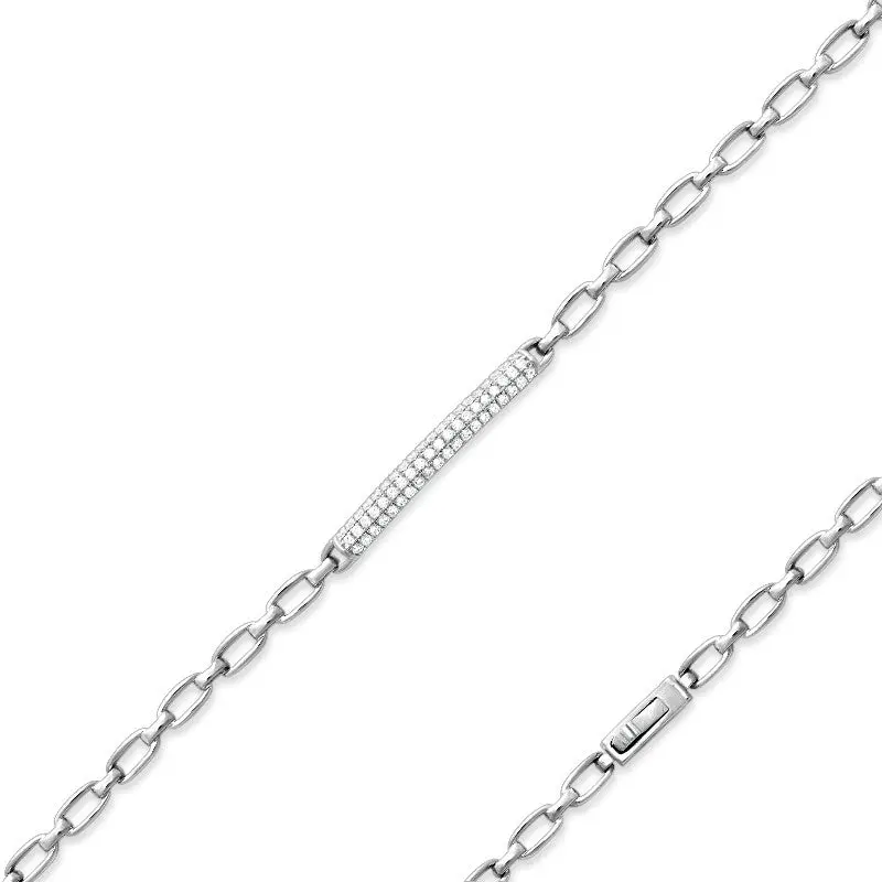 Sterling Silver Triple Row Micro Pave CZ Bar Paperclip Bracelet (60 stones)