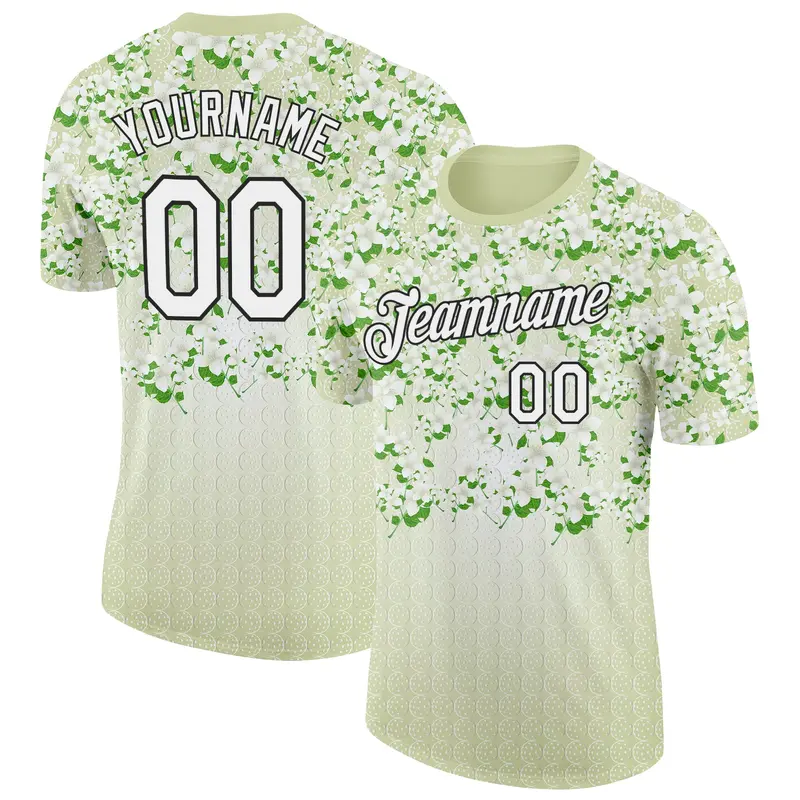 Custom Green White-Black 3D Pickleball Balls Floral Performance T-Shirt