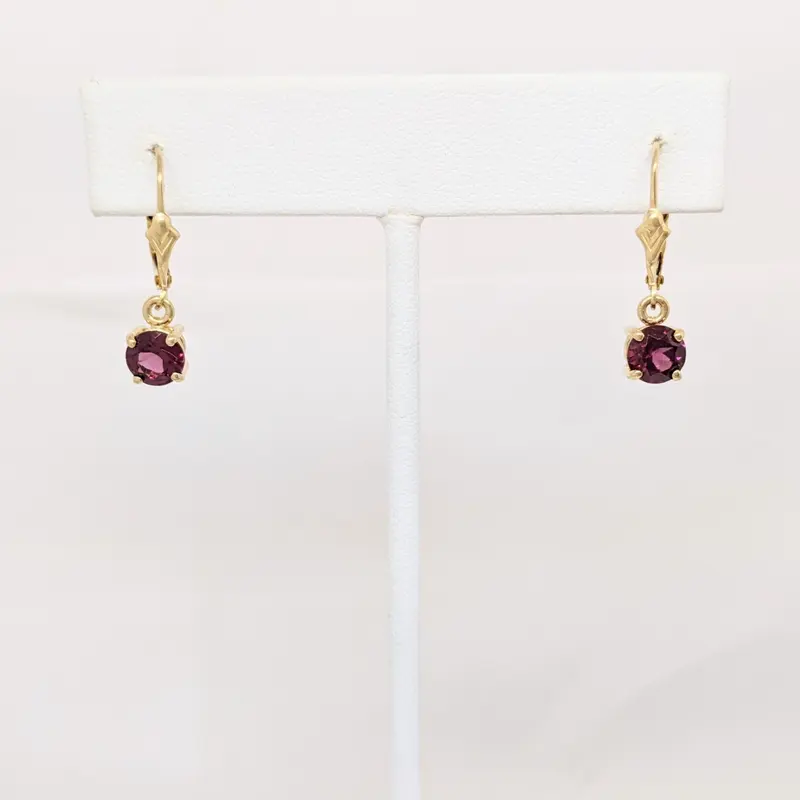 14K RHODOLITE GARNET ROUND 6MM LEVERBACK ESTATE EARRINGS 2.0 GRAMS