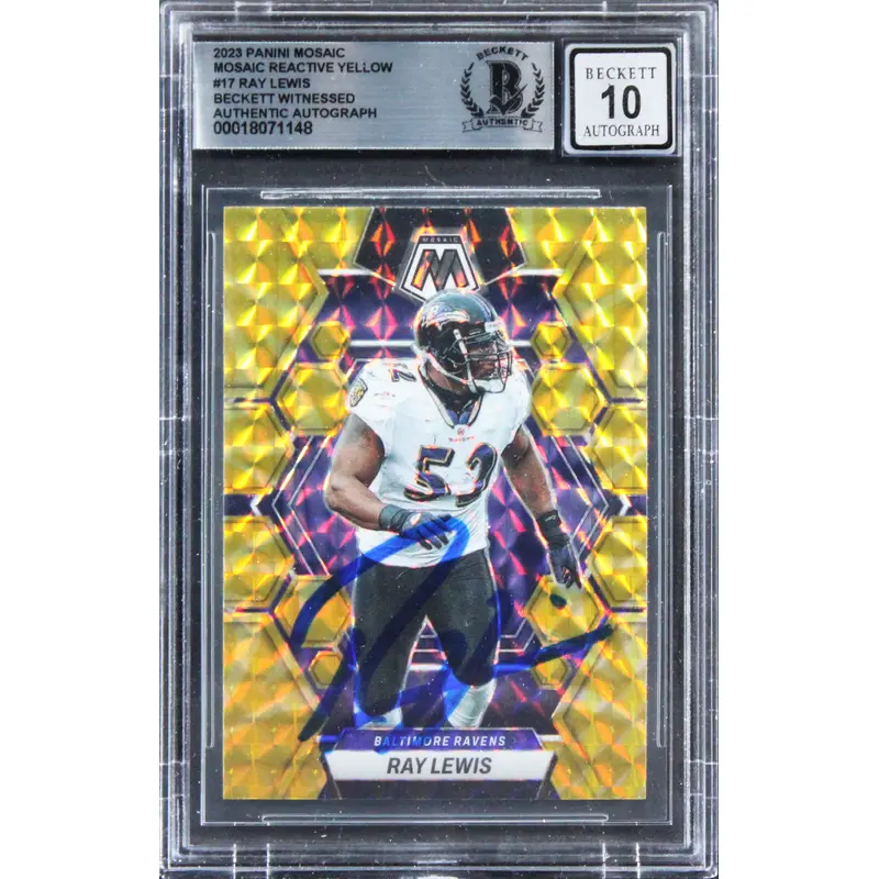 Ray Lewis Signed 2023 Panini Mosaic Reactive Yellow #17 Card Auto 10! BAS Slab
