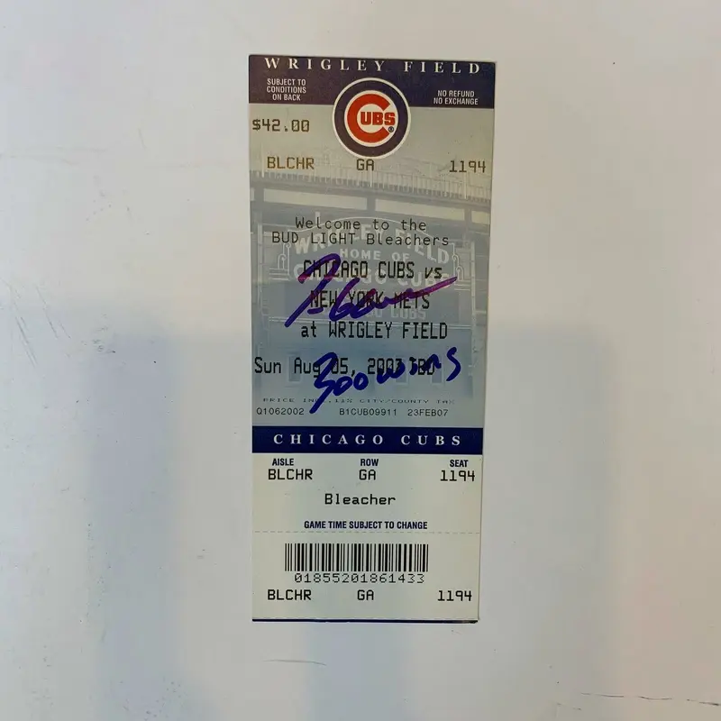 Tom Glaive 300th Win Signed Inscribed Original Full Ticket With JSA COA