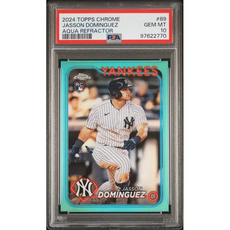 Jasson Dominguez 2024 Topps Chrome RC #89 Aqua Refractor #27/199 PSA 10 Gem Mint