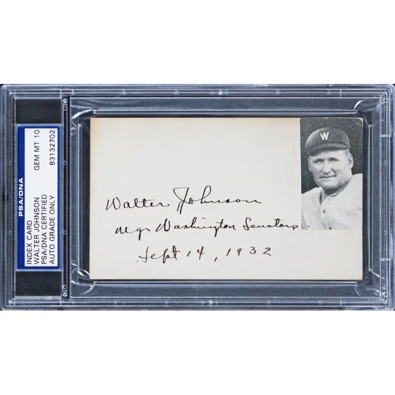 Senators Walter Johnson Signed & Inscribed 3x5 Index Card Auto 10! PSA Slabbed