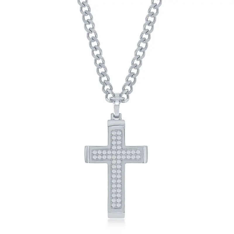 Stainless Steel Polished CZ Cross Necklace