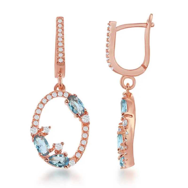 Sterling Silver Open Oval with CZ Border with Blue CZs Earrings - Rose Gold Plared