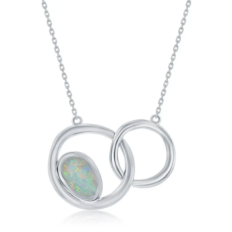 Sterling Silver Double Circle Necklace - White Opal