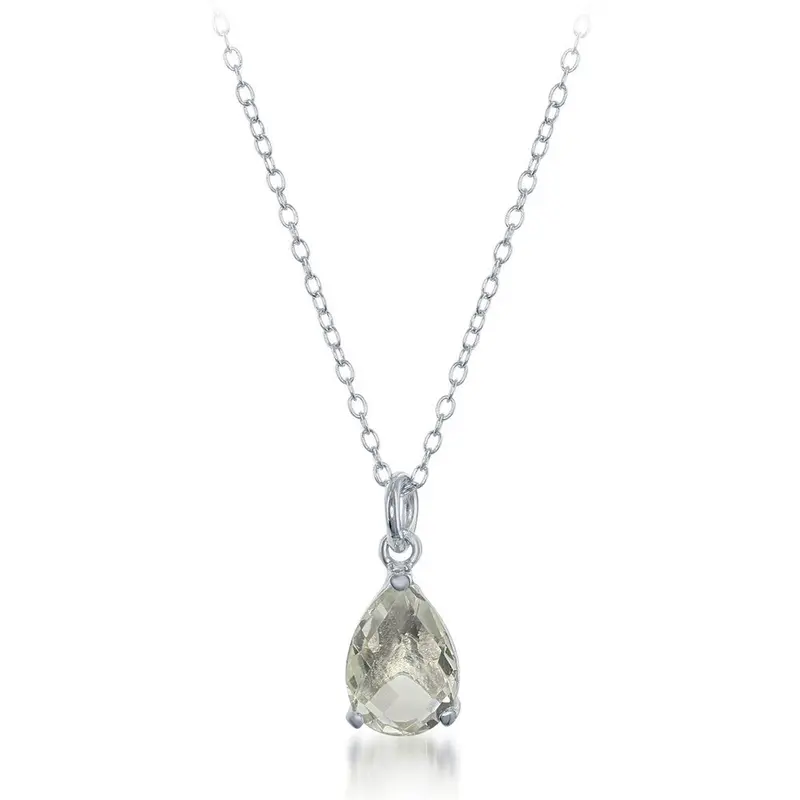 Sterling Silver Teardrop Gem Necklace - Green Amethyst