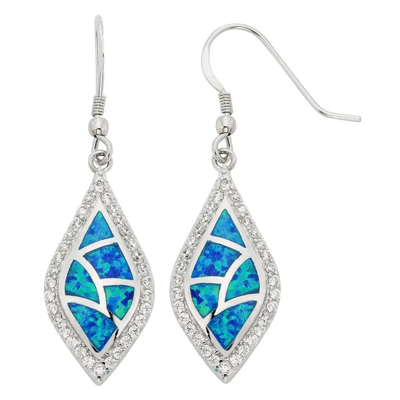 Sterling Silver Blue Inlay Opal w/ CZ Border Earrings
