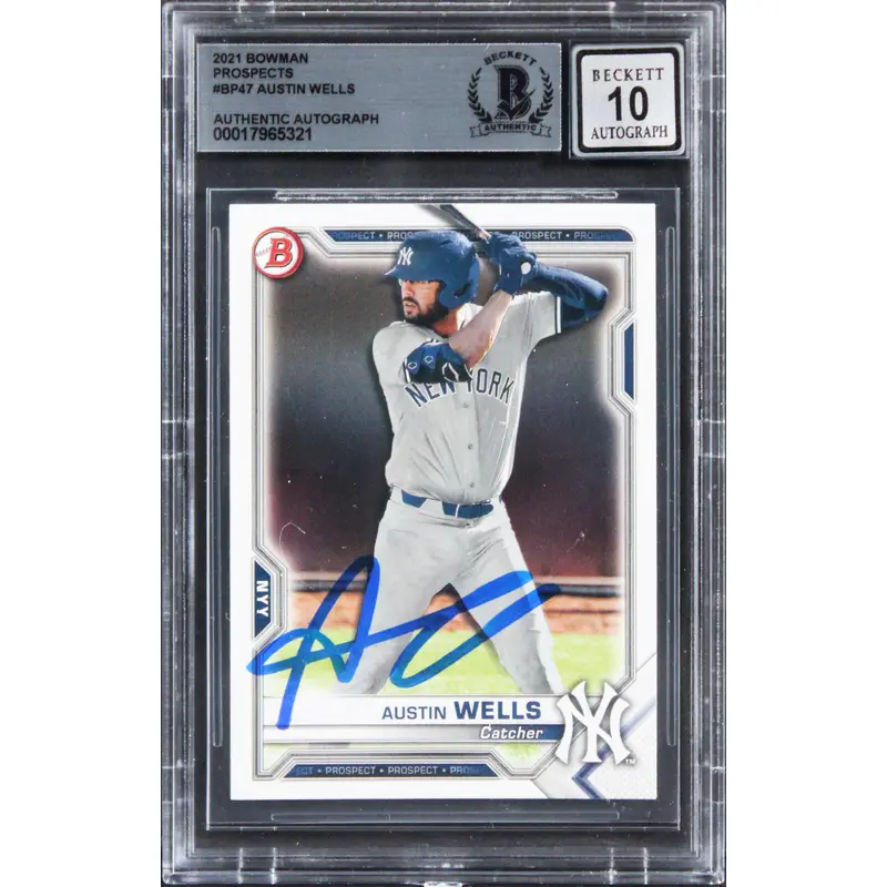 Yankees Austin Wells Signed 2021 Bowman Prospects #BP47 Card Auto 10! BAS Slab