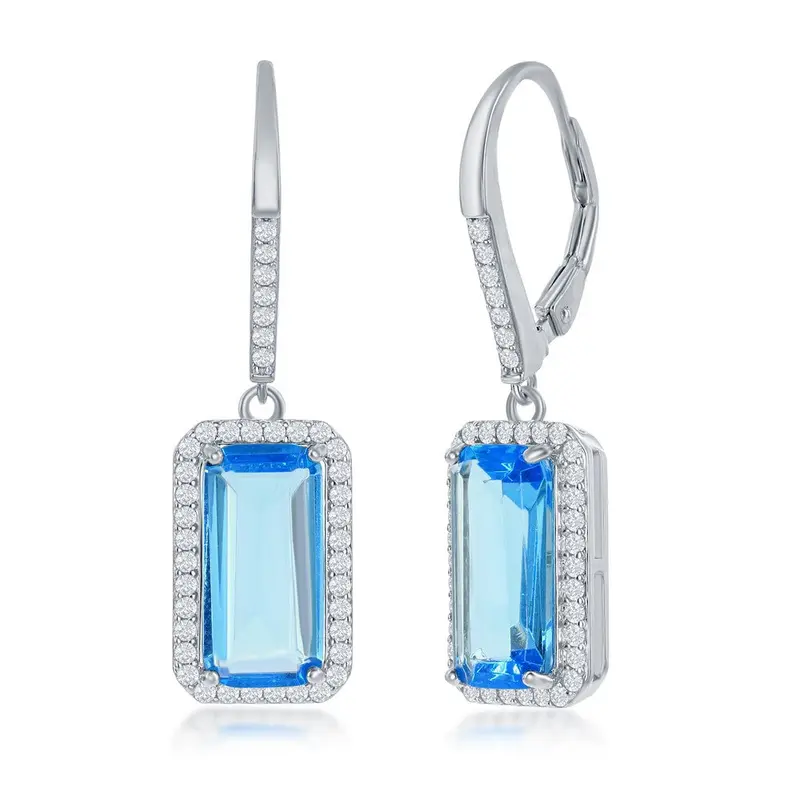 Sterling Silver Emerald-Cut Aqua CZ with CZ Border Dangle Earrings
