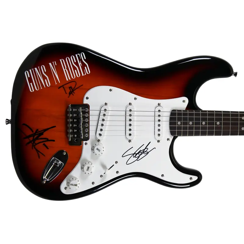 Guns N' Roses (3) Rose, Slash, McKagan Signed Red Fender Squier Guitar PSA/DNA