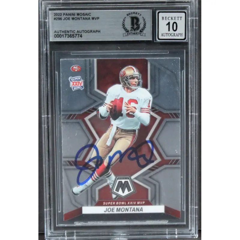 49ers Joe Montana Signed 2022 Panini Mosaic #296 MVP Card Auto 10! BAS Slabbed