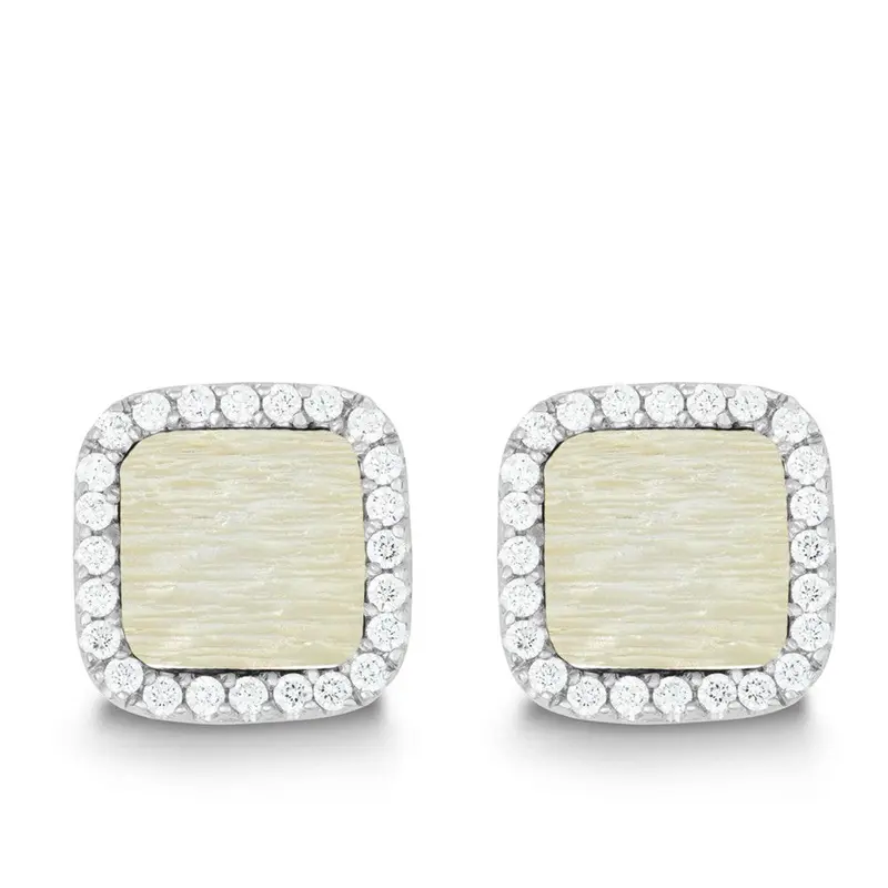 Sterling Silver GP "Threaded" Square with CZ Border Earrings