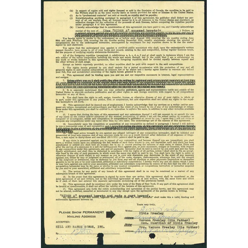 Elvis Presley Authentic Signed 8.5x13 1955 First RCA Records Contract BAS LOA