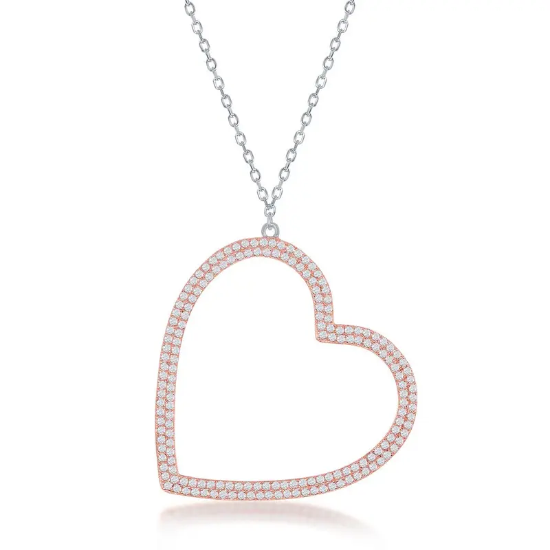 Sterling Silver Rose Gold Plated Large Micro Pave Open Heart Necklace