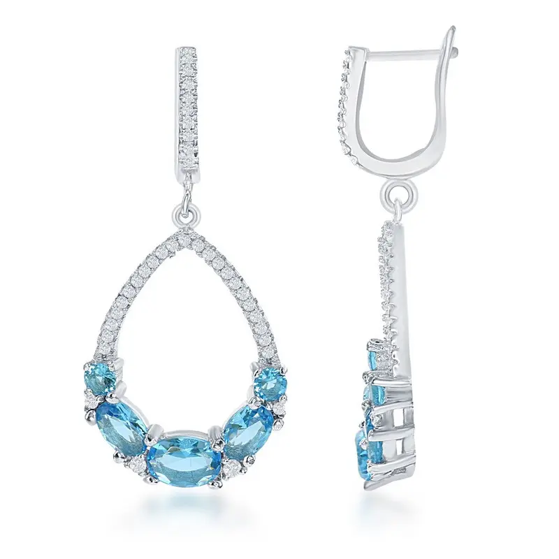 Sterling Silver CZ Open Teardrop with Blue CZ Earrings