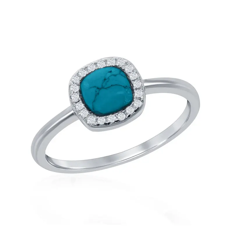 Sterling Silver Square Turquoise with CZ Border Ring