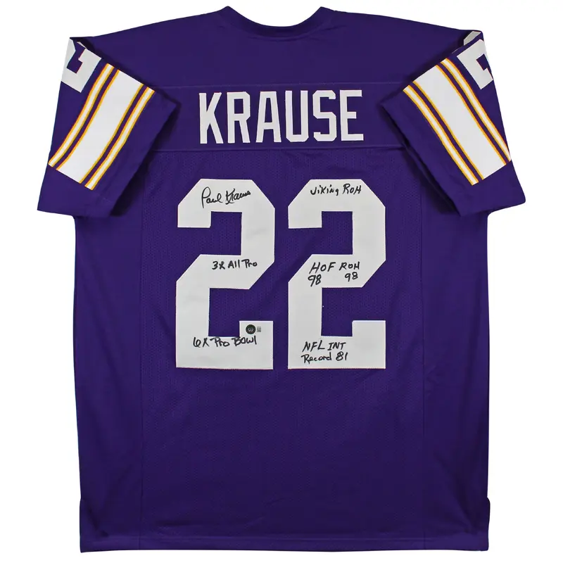 Paul Krause "Stat"  Authentic Signed Purple Pro Style Jersey BAS Witnessed 2