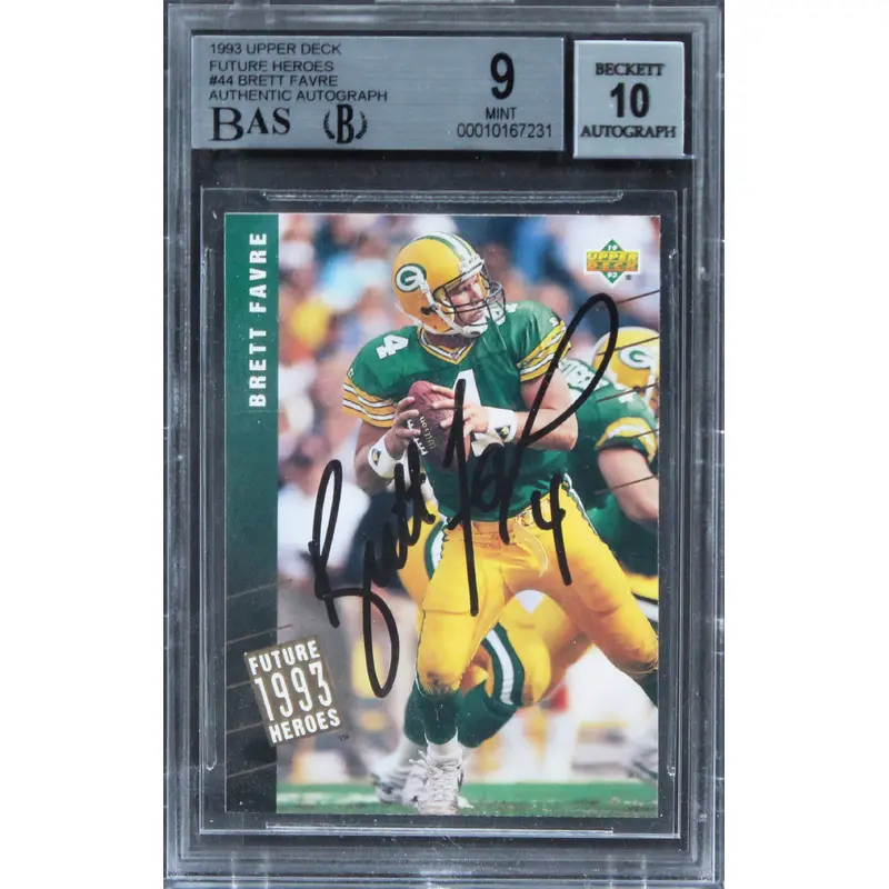 Brett Favre Signed 1993 Upper Deck Future Heroes #44 Card 9 Auto 10 BAS Slabbed