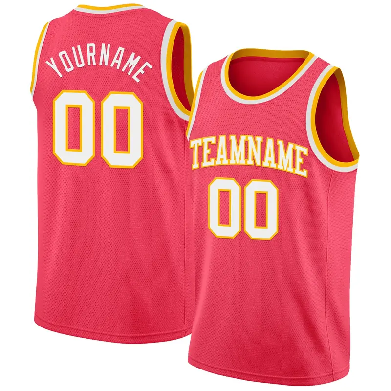 Custom Neon Pink White-Gold Authentic Basketball Jersey