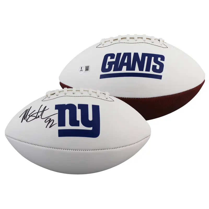 Giants Michael Strahan Signed Rawlings White Panel Logo Football BAS Witnessed